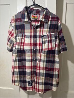 Lrg Short-Sleeve Plaid Button-Down Shirt - Red, Navy & Cream